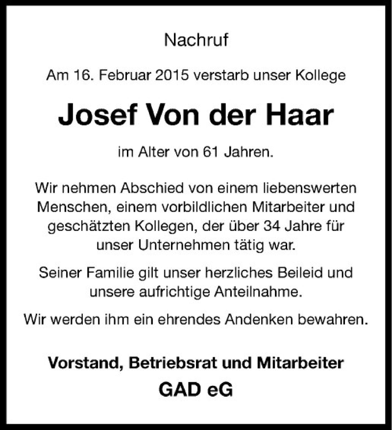  Traueranzeige für Josef Von der Haar vom 21.02.2015 aus Westfälische Nachrichten