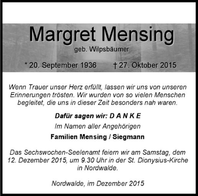  Traueranzeige für Margret Mensing vom 05.12.2015 aus Westfälische Nachrichten