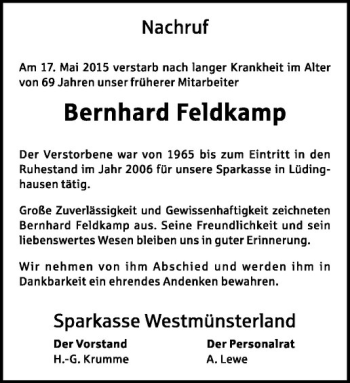 Anzeige von Bernhard Feldkamp von Westfälische Nachrichten