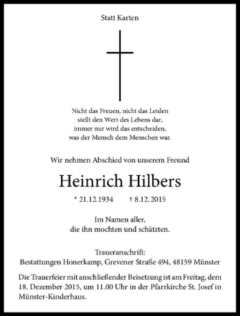 Anzeige von Heinrich Hilbers von Westfälische Nachrichten