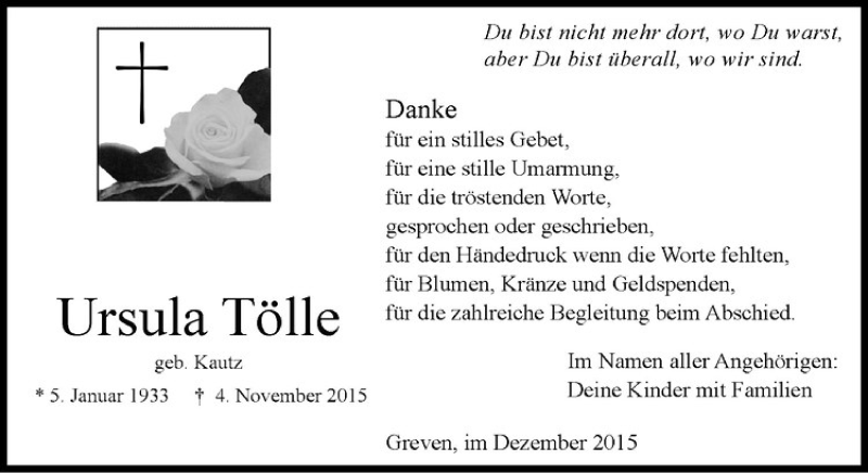  Traueranzeige für Ursula Tölle vom 09.12.2015 aus Westfälische Nachrichten