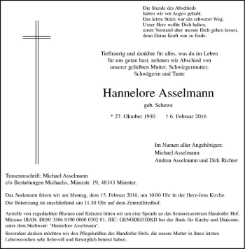Anzeige von Hannelore Asselmann von Westfälische Nachrichten