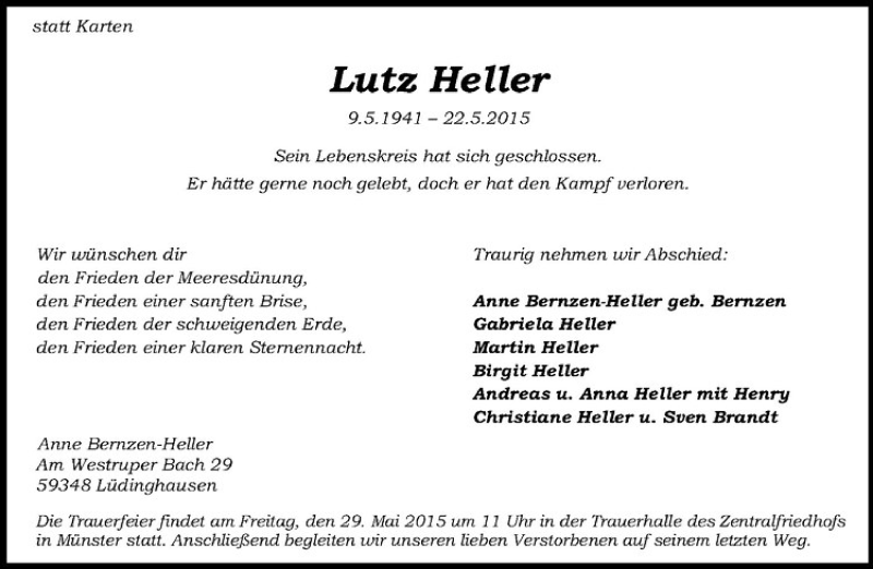  Traueranzeige für Lutz Heller vom 27.05.2015 aus Westfälische Nachrichten