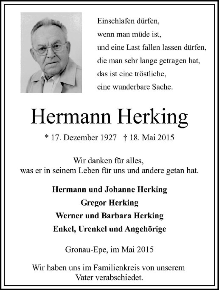  Traueranzeige für Hermann Herking vom 26.05.2015 aus Westfälische Nachrichten