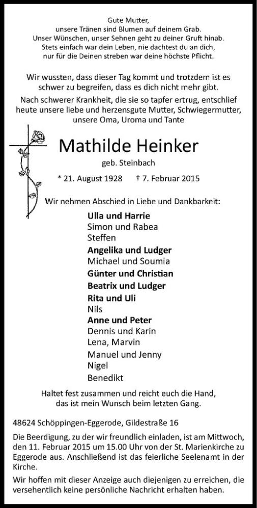  Traueranzeige für Mathilde Heinker vom 09.02.2015 aus Westfälische Nachrichten