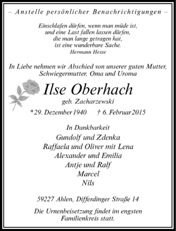 Anzeige von Ilse Oberhach von Westfälische Nachrichten