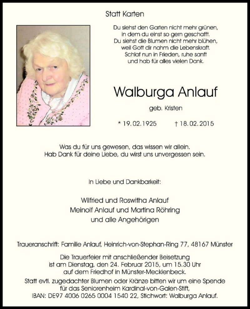  Traueranzeige für Walburga Anlauf vom 21.02.2015 aus Westfälische Nachrichten