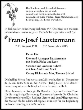 Anzeige von Franz-Josef Lauxtermann von Westfälische Nachrichten