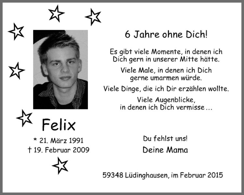  Traueranzeige für Felix Steber vom 18.02.2015 aus Westfälische Nachrichten