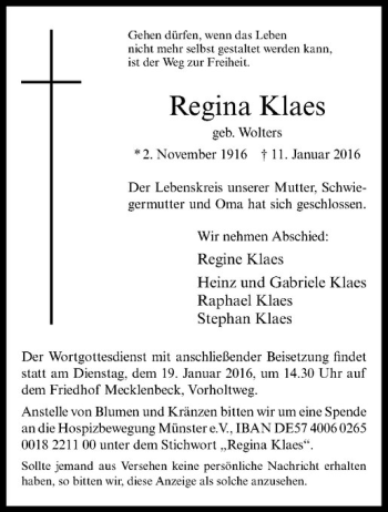 Anzeige von Regina Klaes von Westfälische Nachrichten