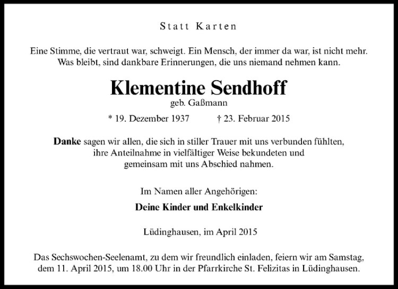  Traueranzeige für Klementine Sendhoff vom 03.04.2015 aus Westfälische Nachrichten