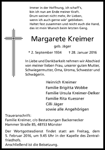 Anzeige von Margarete Kreimer von Westfälische Nachrichten