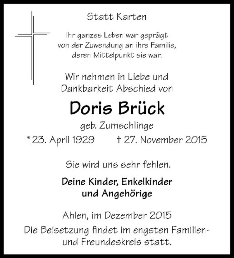  Traueranzeige für Doris Brück vom 05.12.2015 aus Westfälische Nachrichten