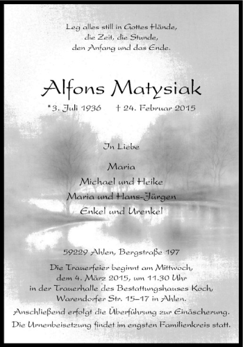 Anzeige von Alfons Matysiak von Westfälische Nachrichten