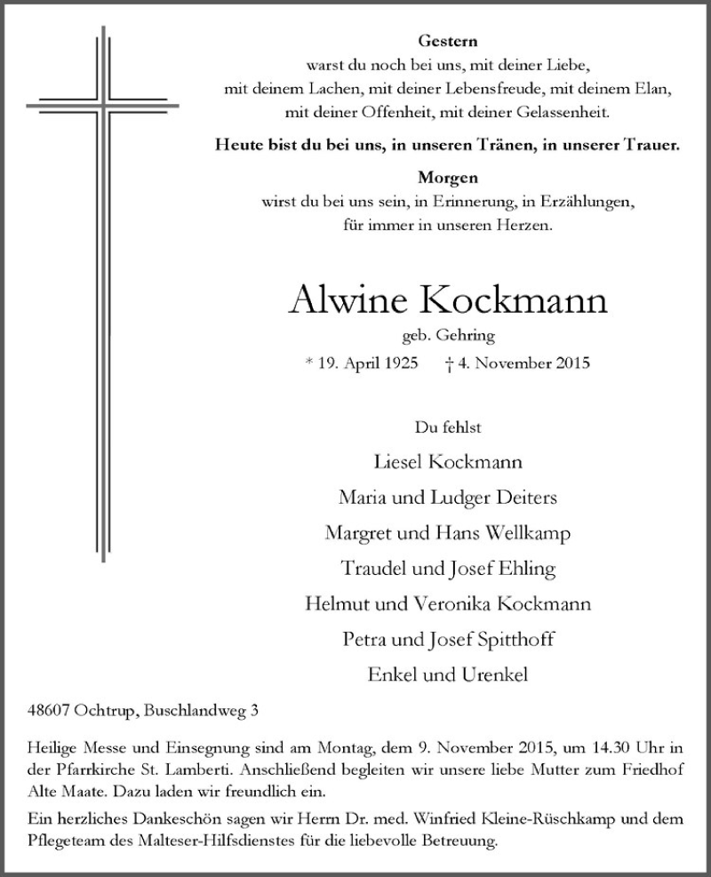  Traueranzeige für Alwine Kockmann vom 06.11.2015 aus Westfälische Nachrichten
