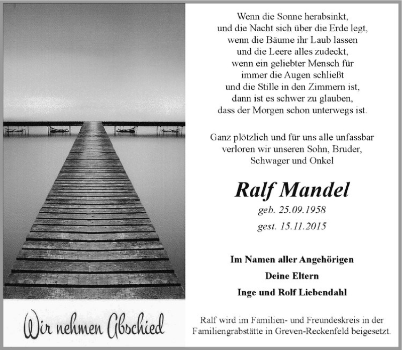  Traueranzeige für Ralf Mandel vom 21.11.2015 aus Westfälische Nachrichten