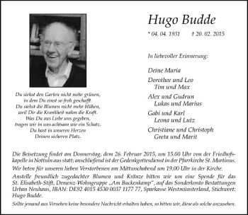 Anzeige von Hugo Budde von Westfälische Nachrichten