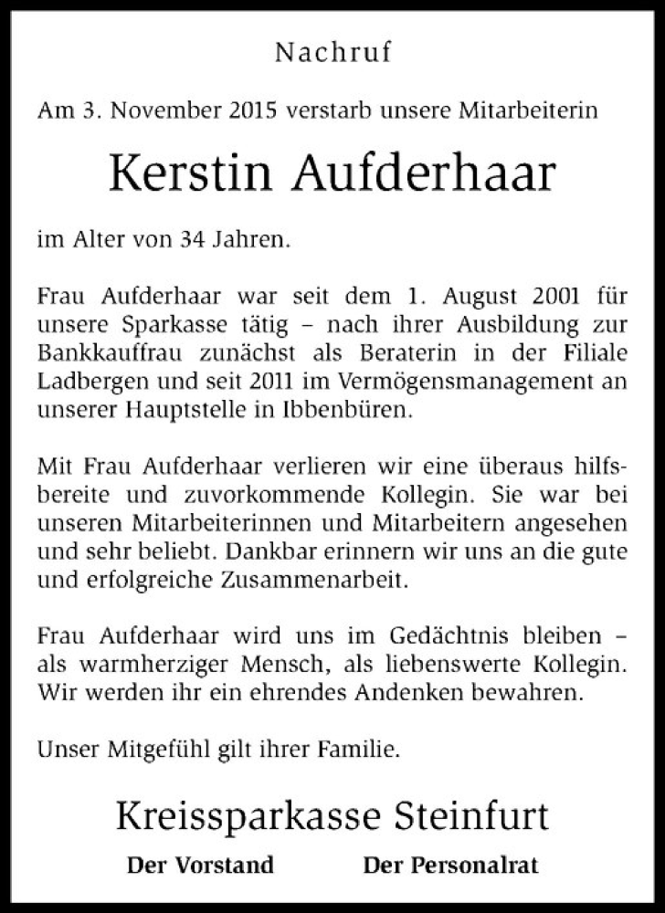  Traueranzeige für Kerstin Aufderhaar vom 11.11.2015 aus Westfälische Nachrichten