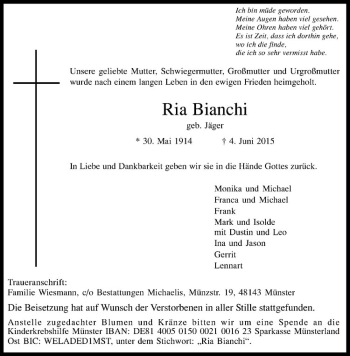 Anzeige von Ria Bianchi von Westfälische Nachrichten