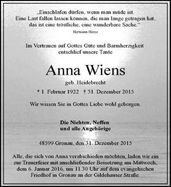 Anzeige von Anna Wiens von Westfälische Nachrichten