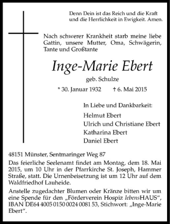 Anzeige von Inge-Marie Ebert von Westfälische Nachrichten