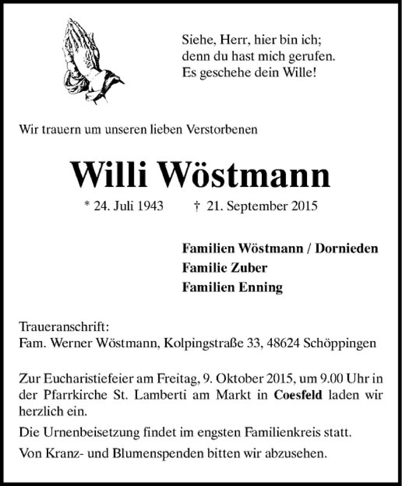  Traueranzeige für Willi Wöstmann vom 25.09.2015 aus Westfälische Nachrichten