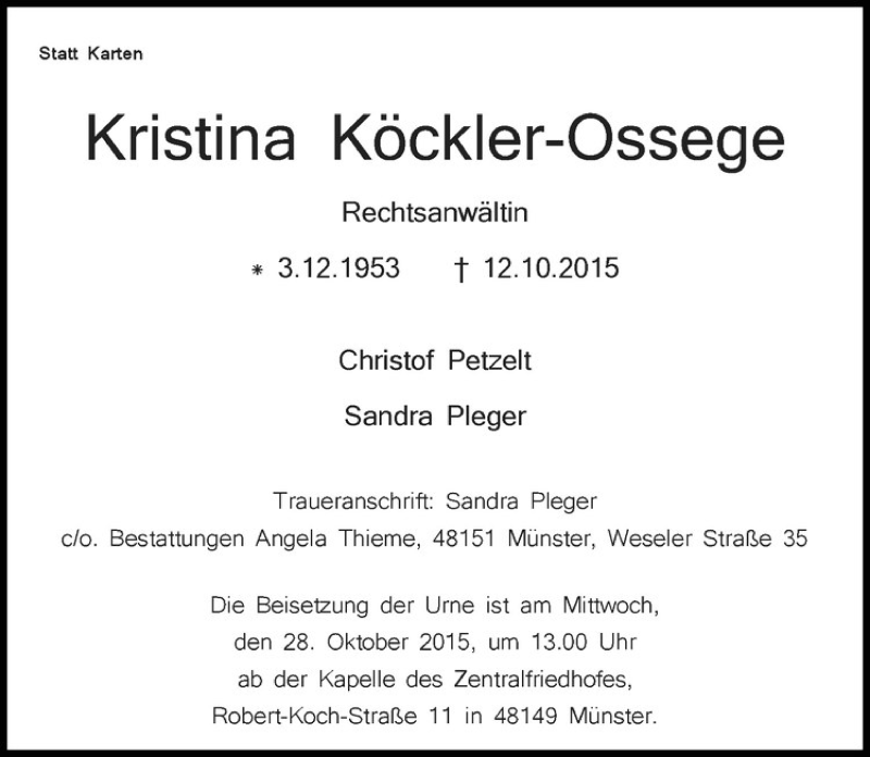  Traueranzeige für Kristina Köckler-Ossege vom 24.10.2015 aus Westfälische Nachrichten