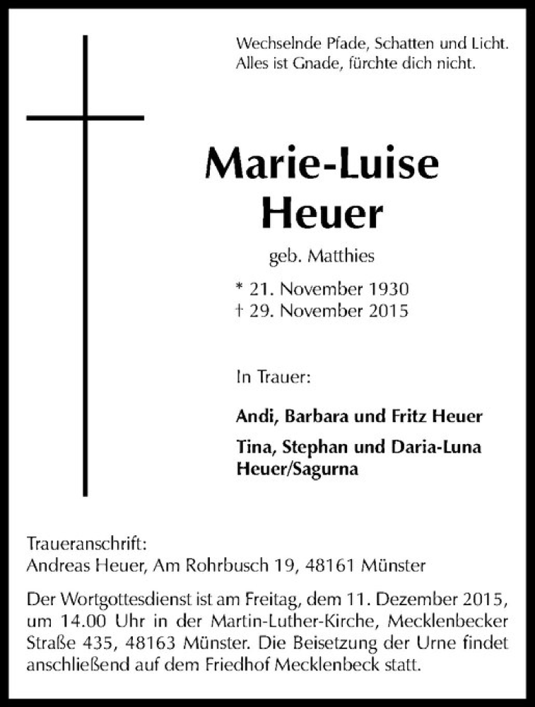  Traueranzeige für Marie-Luise Heuer vom 05.12.2015 aus Westfälische Nachrichten