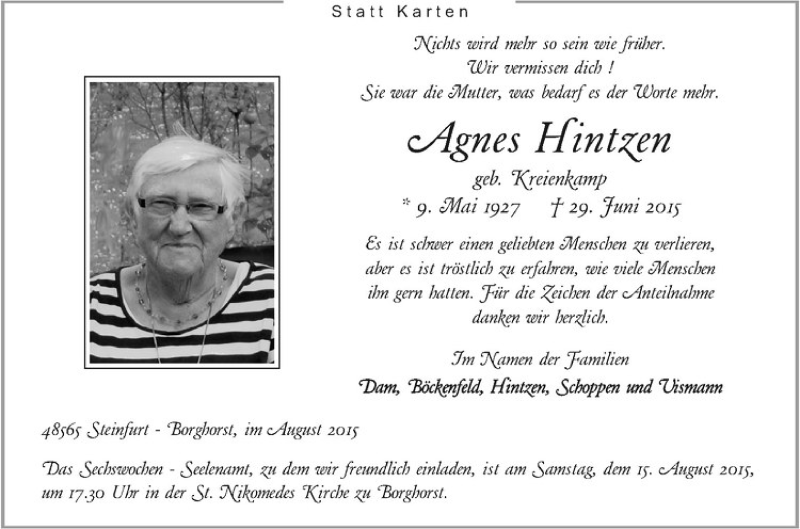  Traueranzeige für Agnes Hintzen vom 08.08.2015 aus Westfälische Nachrichten