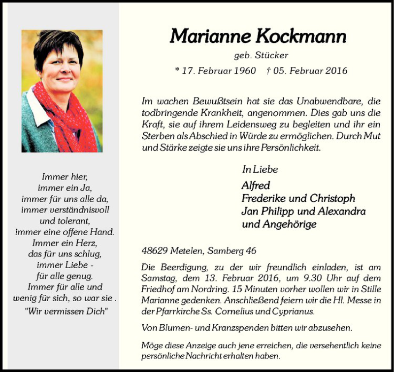  Traueranzeige für Marianne Kockmann vom 10.02.2016 aus Westfälische Nachrichten