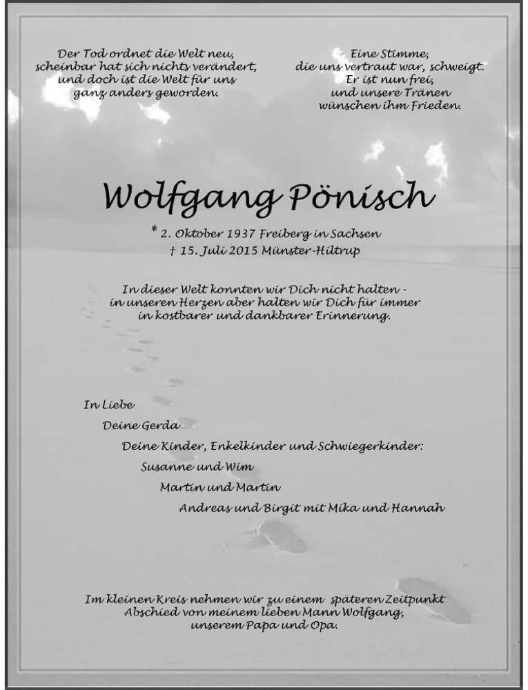  Traueranzeige für Wolfgang Pönisch vom 25.07.2015 aus Westfälische Nachrichten