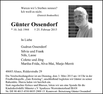 Anzeige von Günter Ossendorf von Westfälische Nachrichten
