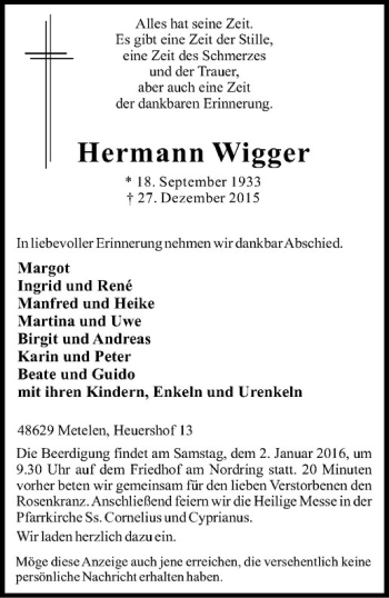 Anzeige von Hermann Wigger von Westfälische Nachrichten
