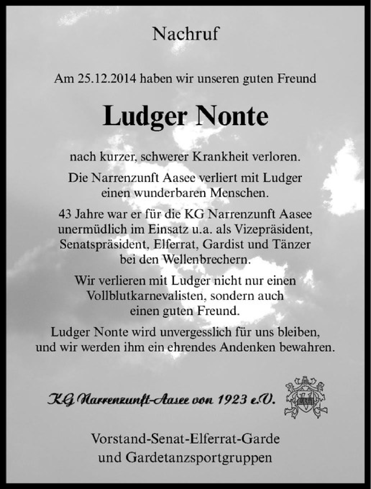  Traueranzeige für Ludger Nonte vom 07.01.2015 aus Westfälische Nachrichten