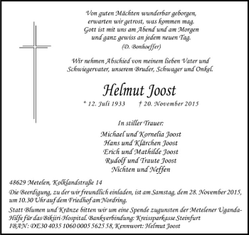 Anzeige von Helmut Joost von Westfälische Nachrichten