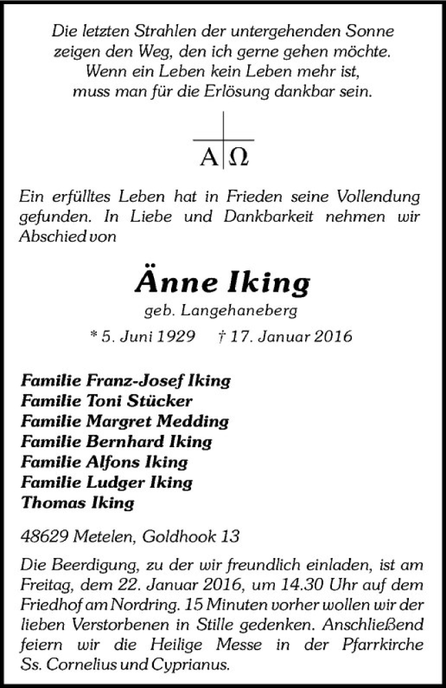  Traueranzeige für Änne Iking vom 20.01.2016 aus Westfälische Nachrichten