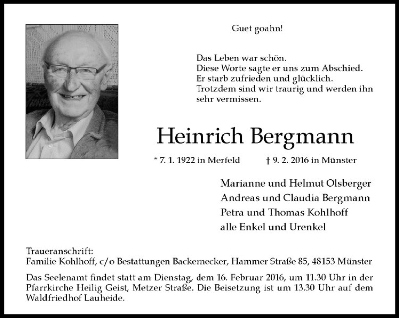  Traueranzeige für Heinrich Bergmann vom 11.02.2016 aus Westfälische Nachrichten