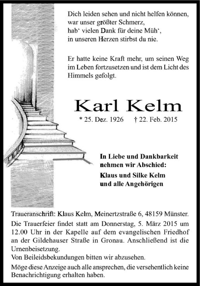  Traueranzeige für Karl Kelm vom 28.02.2015 aus Westfälische Nachrichten