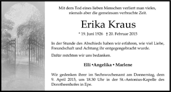 Anzeige von Erika Kraus von Westfälische Nachrichten