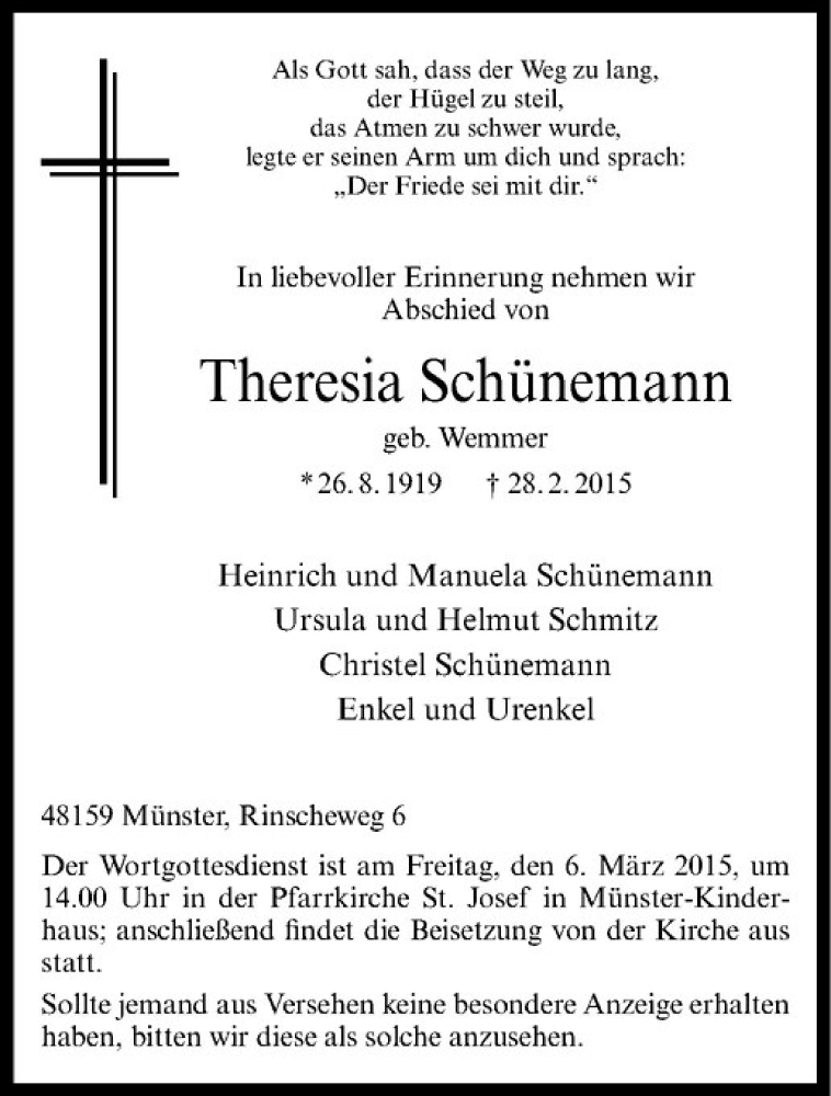  Traueranzeige für Theresia Schünemann vom 02.03.2015 aus Westfälische Nachrichten