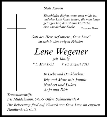 Anzeige von Lene Wegener von Westfälische Nachrichten
