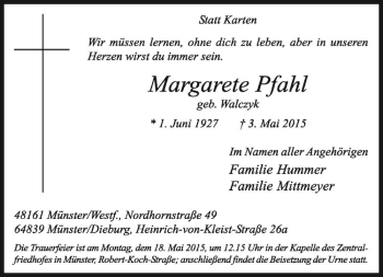 Anzeige von Margarete Pfahl von Westfälische Nachrichten