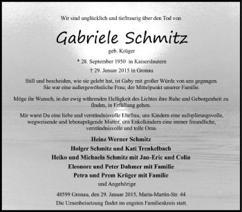 Anzeige von Gabriele Schmitz von Westfälische Nachrichten