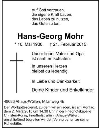 Anzeige von Hans-Georg Mohr von Westfälische Nachrichten