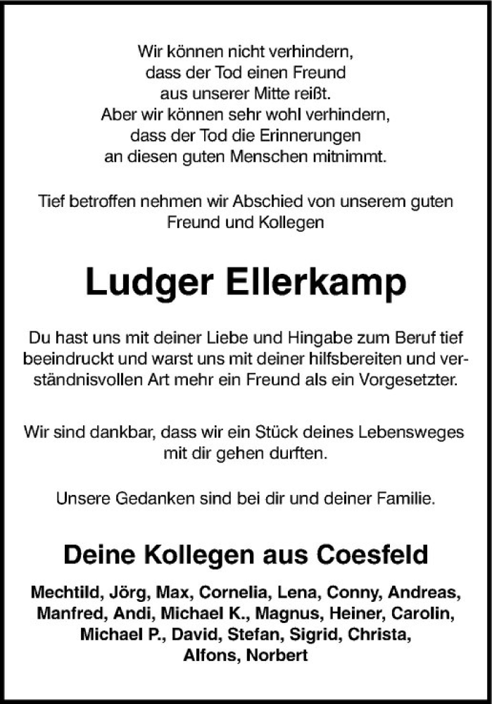  Traueranzeige für Ludger Ellerkamp vom 11.02.2015 aus Westfälische Nachrichten