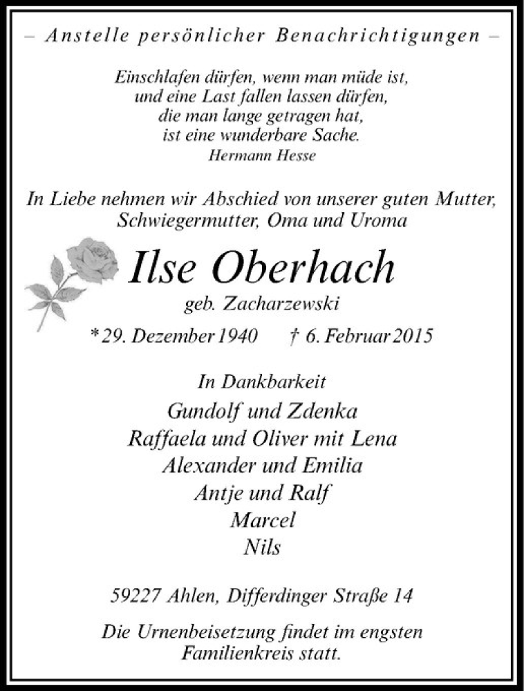  Traueranzeige für Ilse Oberhach vom 11.02.2015 aus Westfälische Nachrichten