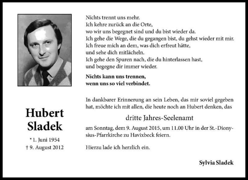  Traueranzeige für Hubert Sladek vom 08.08.2015 aus Westfälische Nachrichten