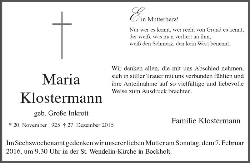  Traueranzeige für Maria Klostermann vom 30.01.2016 aus Westfälische Nachrichten