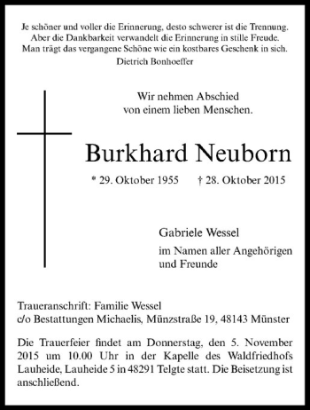 Anzeige von Burkhard Neuborn von Westfälische Nachrichten
