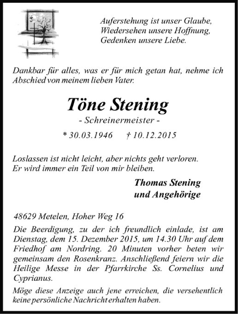  Traueranzeige für Töne Stening vom 14.12.2015 aus Westfälische Nachrichten